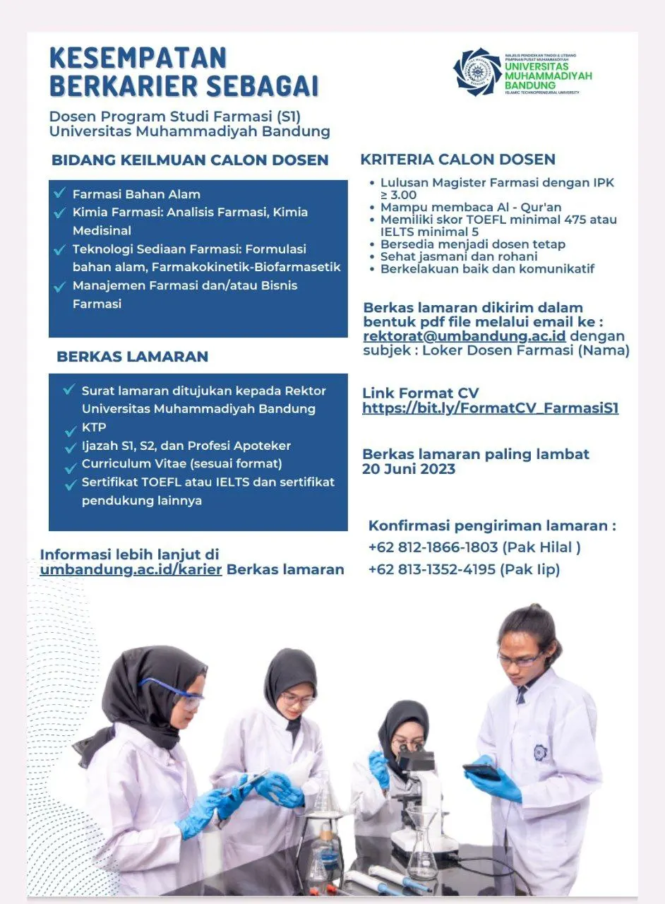 Featured image: Universitas Muhammadiyah Bandung Membuka Kesempatan Berkarier Sebagai Dosen Program Studi Farmasi S1