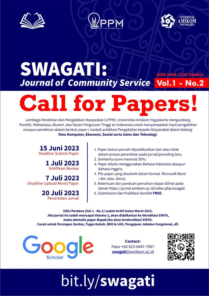 Sampul: SWAGATI: Journal of Community Service membuka Call for Papers dengan Gratis di Vol. 1, No.2, Tahun 2023