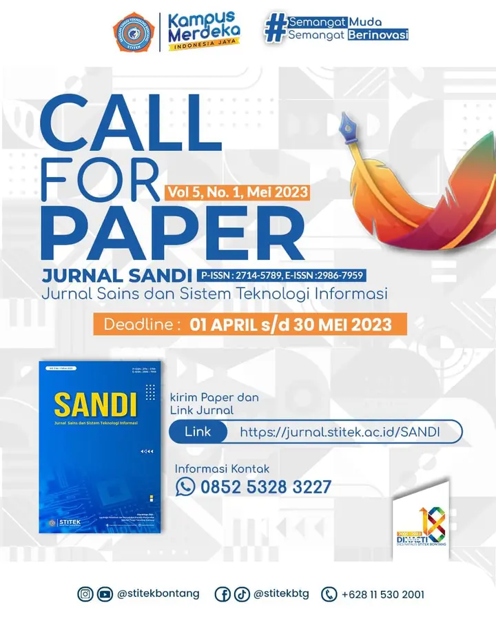 Sampul: Jurnal SANDI Menerima Call for Paper Volume 5 Nomor 1, Gratis Untuk Dipublikasikan di Mei 2023