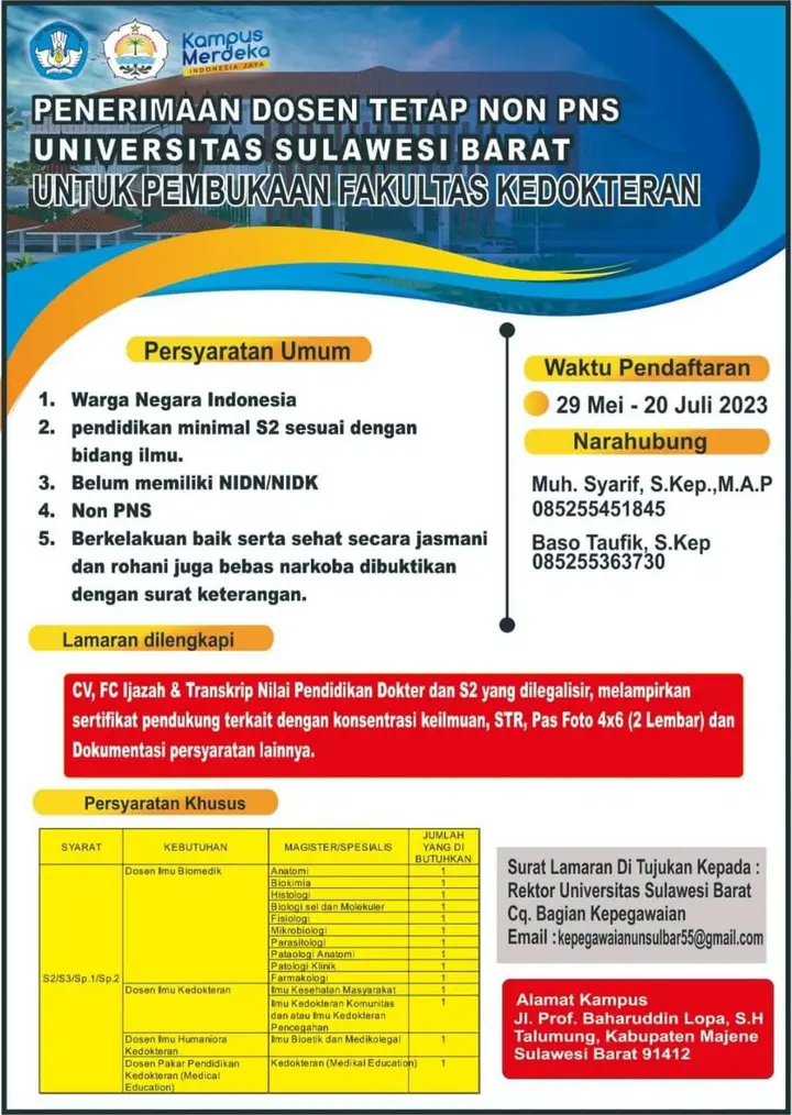 Sampul: Universitas Sulawesi Barat membuka pendaftaran dosen tetap non PNS untuk Fakultas Kedokteran