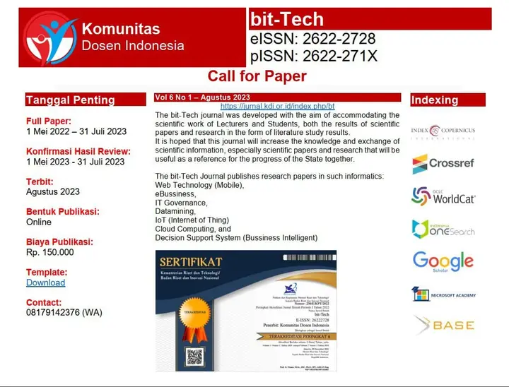 Sampul: Bit-Tech Membuka Pendaftaran Call For Papers Vol. 6 No. 1 untuk Mei-Agustus 2023