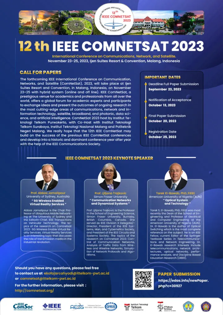 Sampul: COMNETSAT 2023: Konferensi Internasional Tahunan IEEE dalam Bidang Komunikasi, Jaringan, dan Satelit di Malang