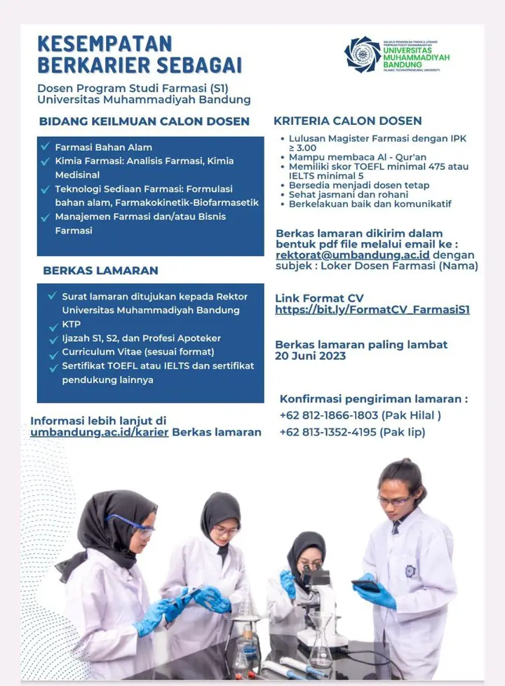 Sampul: Universitas Muhammadiyah Bandung Membuka Kesempatan Berkarier Sebagai Dosen Program Studi Farmasi S1